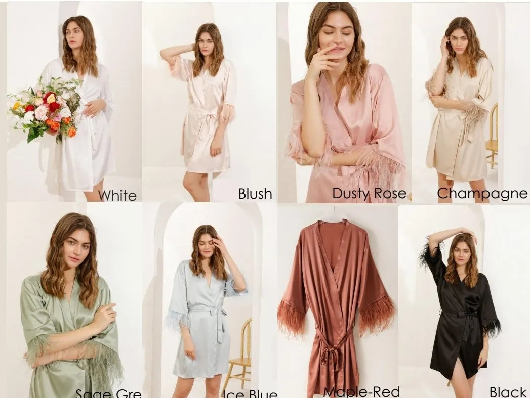 Satin feather cuff robe pyjama/wedding